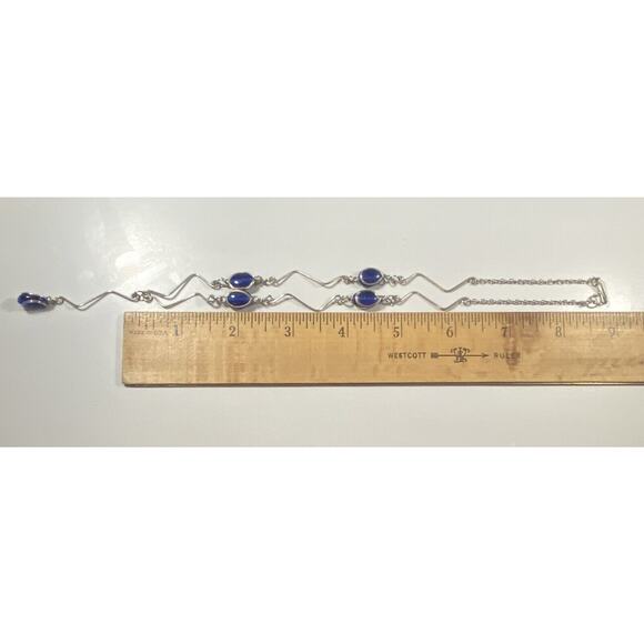 Silver Tone Blue Oval Glass Unique Link Station Necklace Drop Pendant 17 in - Picture 3 of 9